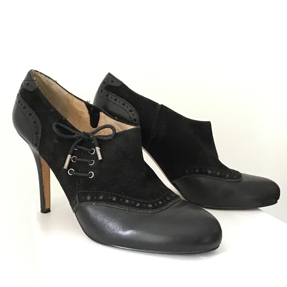 Vintage Circa Joan David Black Leather and Suede Laced-Up Heels